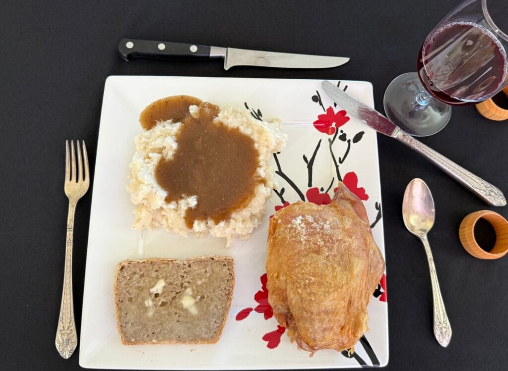 Roast turkey, potatoes, gravy and buckwheat bread