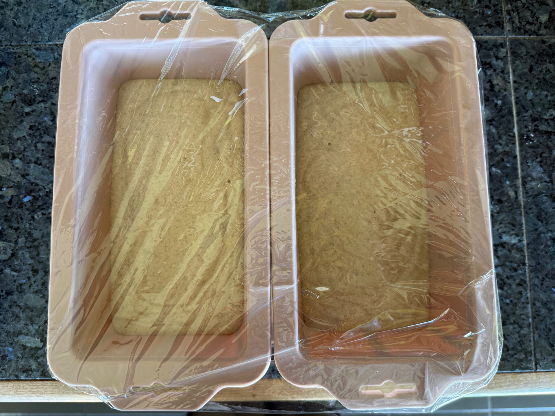 Gluten Free Buckwheat Bread 17.bread pans filled half way covered with plastic wrap