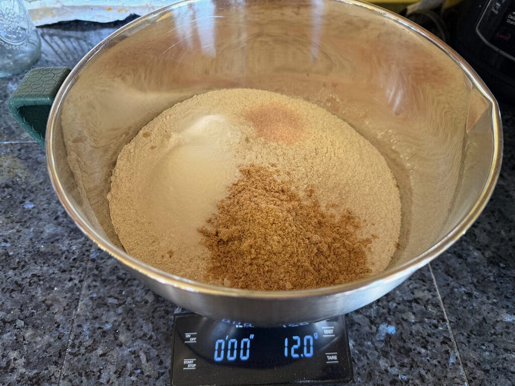 Ingredients in mixing bowl on scale