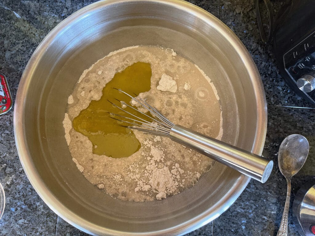Gluten Free Buckwheat Bread Mixing ingredients in bowl