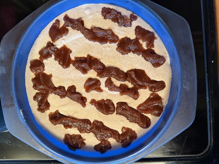 Brown sugar mixture on top of bread batter. Buckwheat Cinnamon Roll Bread