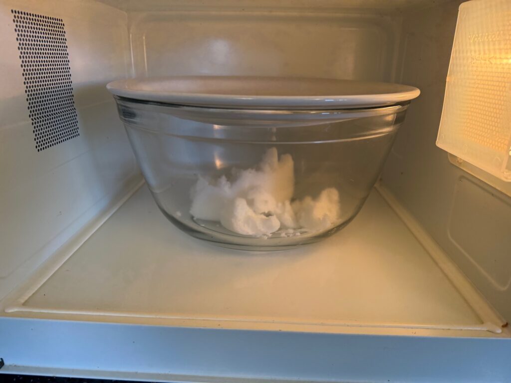 Buckwheat Chocolate Pumpkin Muffins 13 place glass bowl with coconut oil in microwave, covered